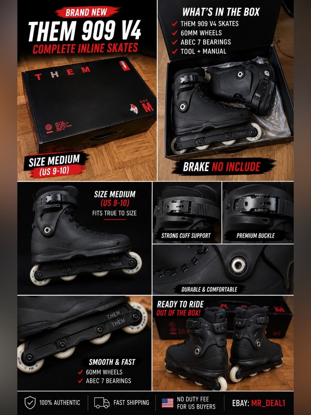 Them Skate black roller Matte Black Urban Inline Skates - New whit box size 9-10